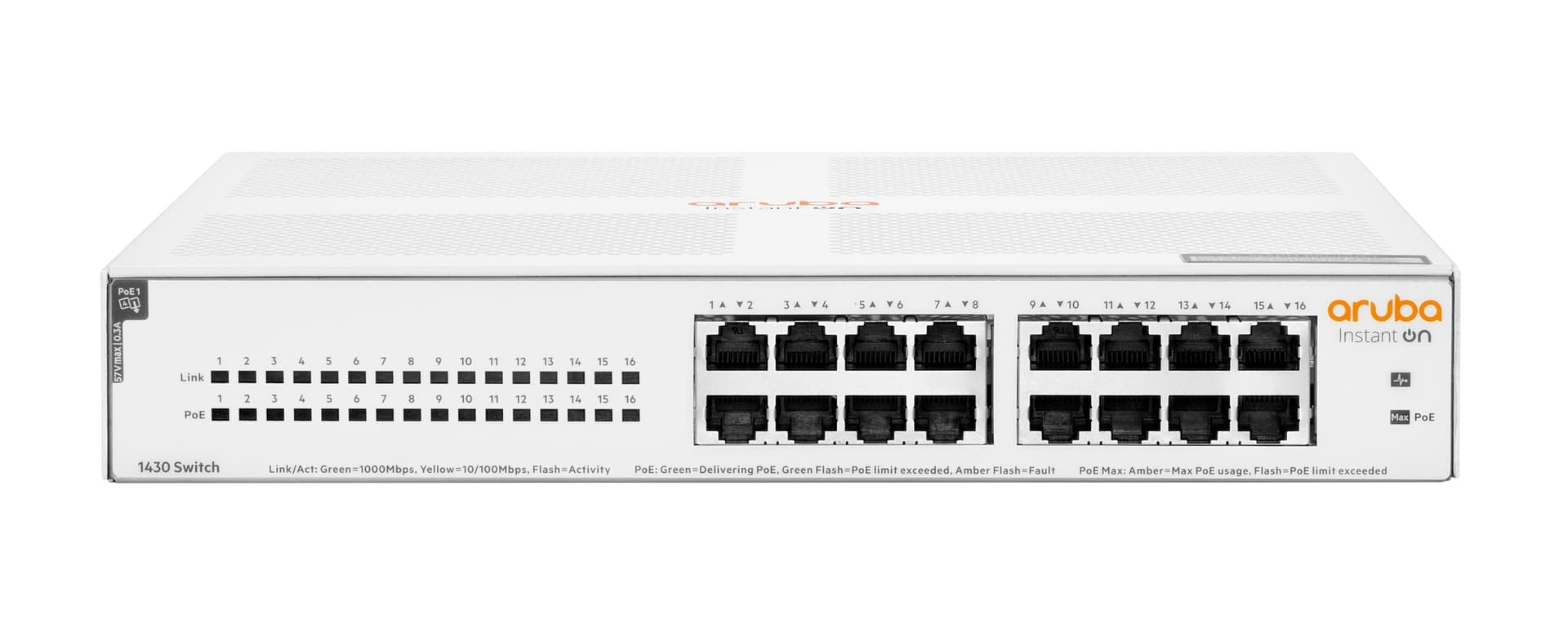 SWITCH HPE ARUBA R8R48A INSTANT ON 1430 CON 16 PUERTOS POE CLASE 4 RJ45 10/100/1000 MBPS NO ADMINISTRABL